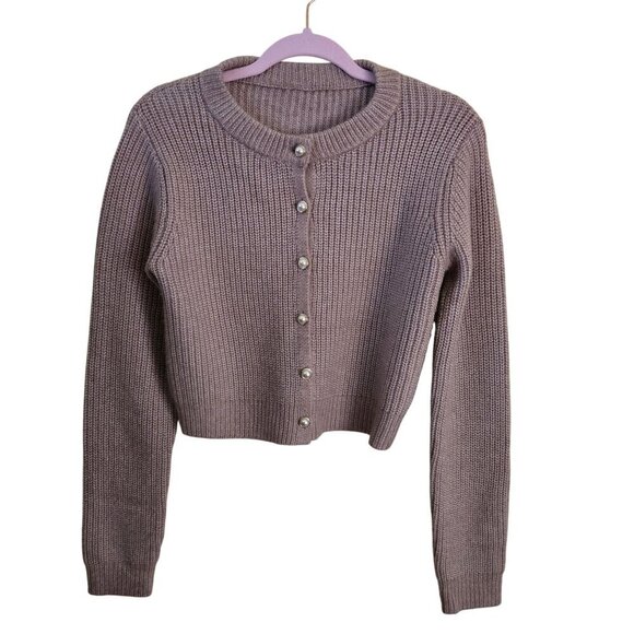 Super Soft Mauve Pink Pearl Button Crewneck Cropped Cardigan Sweater Size S - Picture 1 of 3